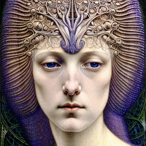 Image similar to detailed realistic beautiful young medieval queen face portrait by jean delville, iris van herpen and marco mazzoni, art forms of nature by ernst haeckel, art nouveau, symbolist, visionary, gothic, pre - raphaelite