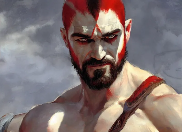 Image similar to a highly detailed beautiful portrait of antony starr as kratos, by gregory manchess, james gurney, james jean