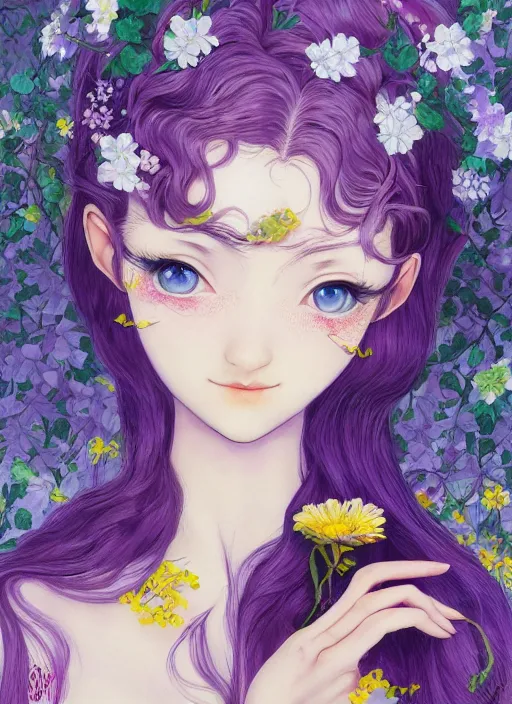 Prompt: elf girl wearing an flower suit, soft hair. light color palate, purple, yellow and white. detailed soft painting, ayami kojima, made in abyss, anatomically correct, ilya kuvshinov, inspired in balthus, high detailed face anime, vogue magazine, glorious composition, mobile wallpaper