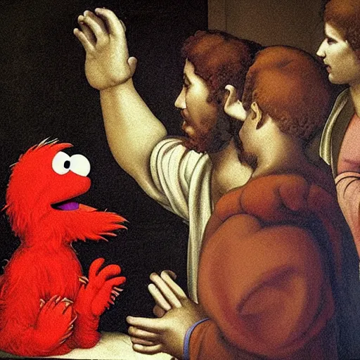 Prompt: A religous painting of Elmo from Sesame Street talking to his followers, painted by Michelangelo.-n 9