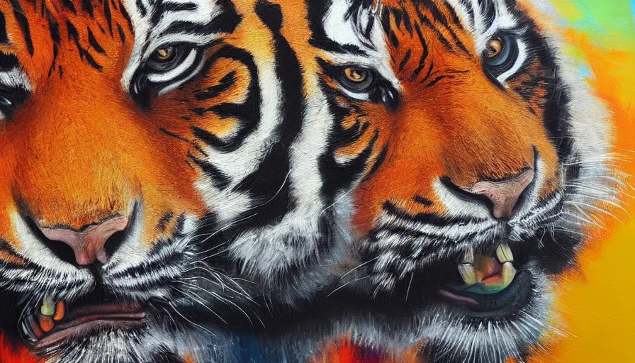 Image similar to tiger, painting on canvas, watedrops, acrylic painting, acrylic pouring, painting, influencer, artstation - h 8 0 0