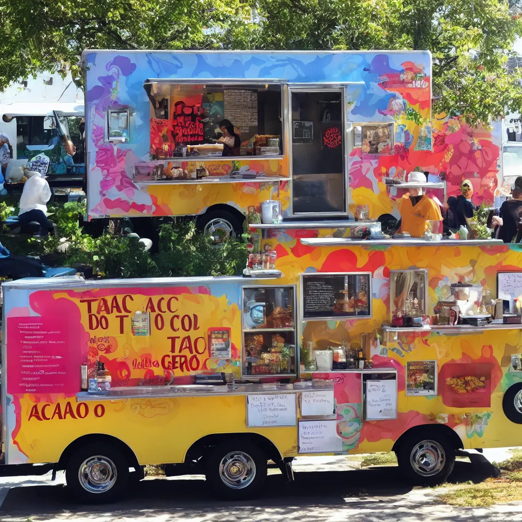Prompt: a taco food truck outside an artificial inteligence congress