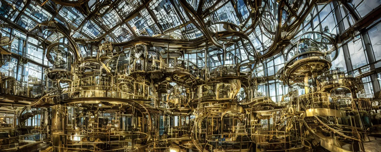 Prompt: a futuristic steampunk science laboratory, building made of huge glass panes ornate posts and beams and futuristic exterior, built in the middle of a lush tropical rainforest, cinematic back lit lighting, realistic, canon 20mm,