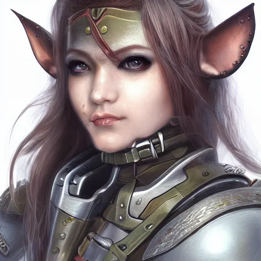 Image similar to portrait of a female elf orc by ayami kojima, she is about 2 0 years old, american pretty, copper hair, annoying but friendly, she is wearing a modern tactical gear, scifi, highly detailed portrait, digital painting, artstation, concept art, smooth, sharp foccus ilustration, artstation hq