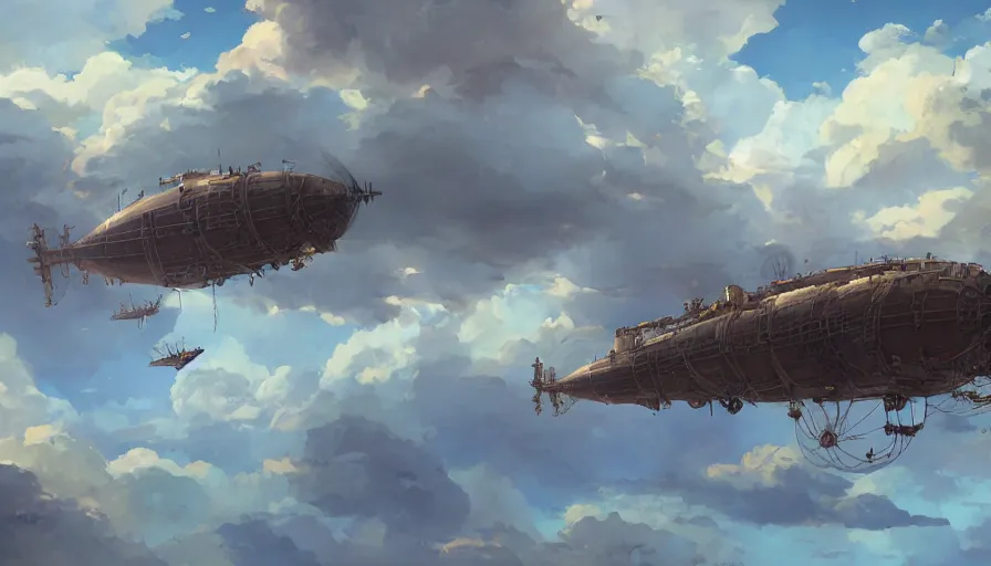 Prompt: steampunk airships in the air, stormy, clouds. Steampunk ships. Atmospheric lighting. By Makoto Shinkai, Stanley Artgerm Lau, WLOP, Rossdraws, James Jean, Andrei Riabovitchev, Marc Simonetti, krenz cushart, Sakimichan, trending on ArtStation, digital art.