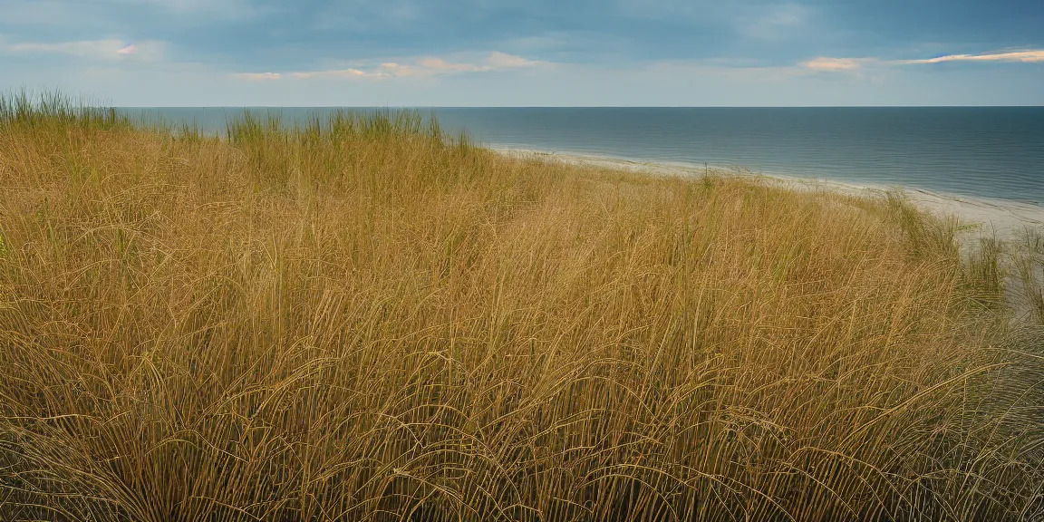 Prompt: Indiana Dunes environment. Beachgrasses, freshwater dunes, bordering Lake Michigan. Marram grass, spotted horsemint, hackberry, whtie oak. Vast sand dunes with scattered plants. Trending on Artstation, deviantart, worth1000. By Greg Rutkowski. National Geographic and iNaturalist HD photographs