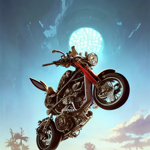 Image similar to highly detailed portrait of a biker rabbit in gta v, stephen bliss, unreal engine, fantasy art by greg rutkowski, loish, rhads, ferdinand knab, makoto shinkai and lois van baarle, ilya kuvshinov, rossdraws, tom bagshaw, global illumination, radiant light, detailed and intricate environment