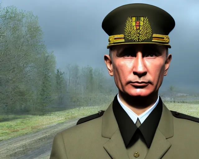 Prompt: vladimir putin wearing a world war two german nazi uniform, highly detailed, rtx, unreal engine 5, 8 k, symmetrical face, good quality, fool body view,