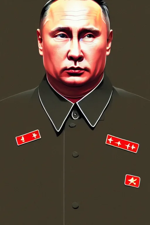 Prompt: vladimir putin as kim jong un, realistic portrait, symmetrical, highly detailed, digital painting, artstation, concept art, smooth, sharp focus, illustration, cinematic lighting, art by artgerm and greg rutkowski and alphonse mucha