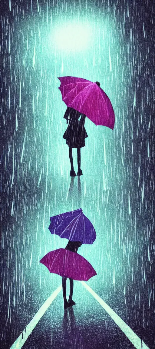 Prompt: beautiful drawing style, lone girl holding umbrella, contrast, visible rain, vaporware cartoon manga japan background, vibrant neon pastel, kawaii, rainy gloomy, rainy night