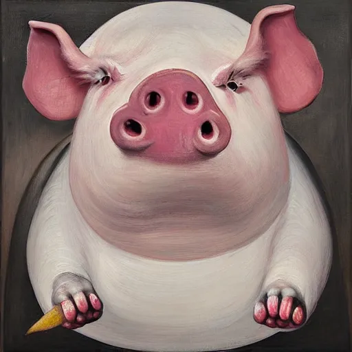 Image similar to “pig paintings and pig sculptures in a pig art gallery, pork, ikebana white flowers, white wax, squashed berries, acrylic and spray paint and oilstick on canvas, by munch and Dali”