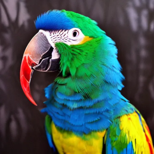 Prompt: parrot with human hair instead of feathers