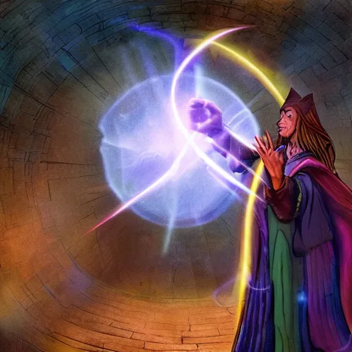Image similar to Wizard conjuring an orb through a nexus portal, epic lighting, saturated colors, extremely detailed