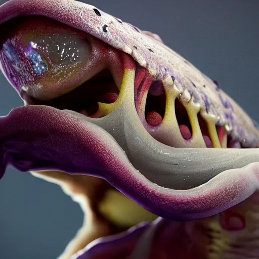 Image similar to hyperrealistic dslr film still of amorphous squid with manlike teeth and eyebrows, stunning 8 k octane comprehensive 3 d render, inspired by istvan sandorfi & greg rutkowski & unreal engine, perfect symmetry, dim volumetric cinematic lighting, extremely hyper - detailed, extremely lifelike attributes & lifelike texture, intricate, masterpiece, artstation, stunning