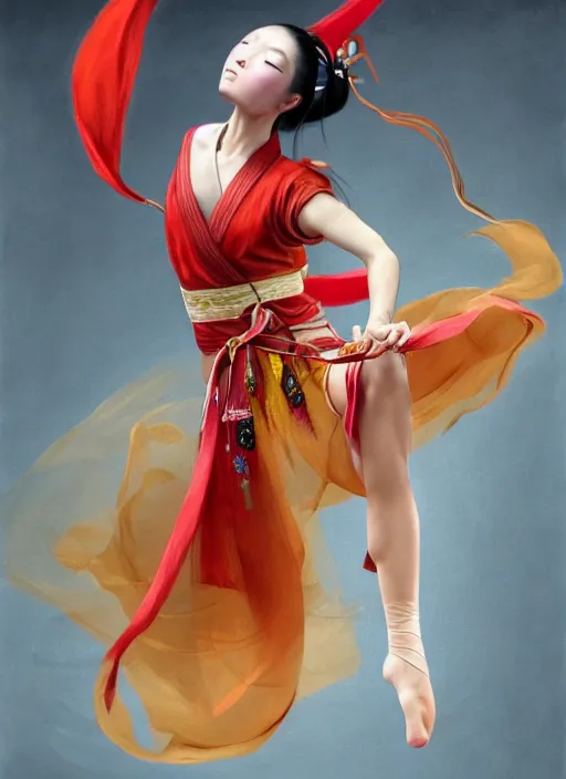 Image similar to full body portrait of a dancer throwing silk belts, feet, barefoot, full body, tanned, vivacious, athletic, hanfu, chinese ribbon dance, wide ribbons, silk belt, wuxia, martial arts, ming dynasty, detailed, realistic face, anatomically accurate, fantasy illustration, deviantart, artstation, ghostblade, wlop.