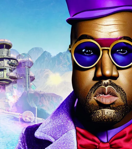 Image similar to Portrait of Kanye West as willy wonka in fallout new vegas, splash art, movie still, cinematic lighting, dramatic, octane render, long lens, shallow depth of field, bokeh, anamorphic lens flare, 8k, hyper detailed, 35mm film grain