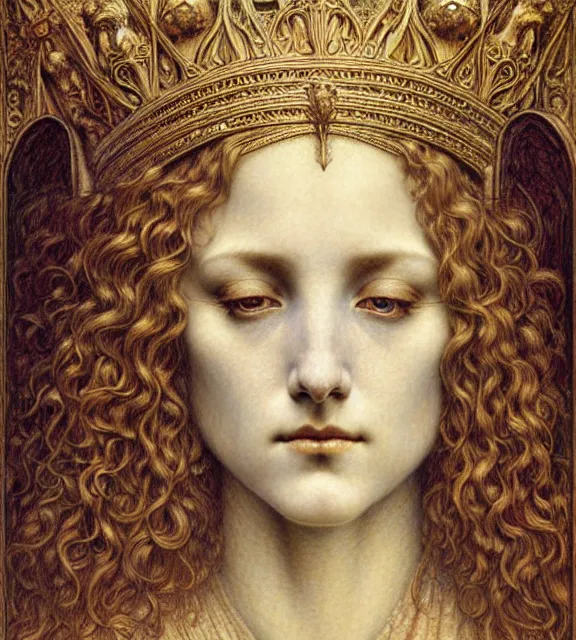 Image similar to detailed realistic beautiful young medieval queen face portrait by jean delville, gustave dore and marco mazzoni, art nouveau, symbolist, visionary, gothic, pre - raphaelite. horizontal symmetry