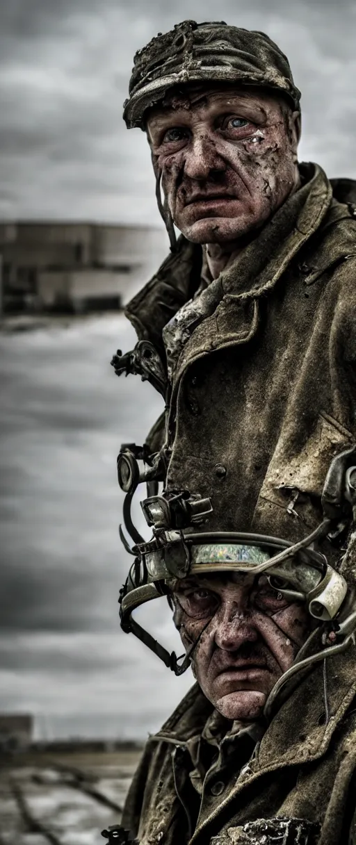 Image similar to an award winning portrait photo of chernobyl liquidator, postapocalyptic, 4 k, high quality, sharp focus