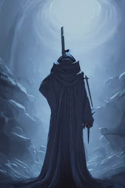 Prompt: A full body portrait of a mysterious sorcerer with a very long hooded grey and blue cloak standing by the sword in the stone by Maciej Kuciara and Jason Chan, ominous, cosmic horror, trending on artstation, Ultra detailed, hyper realistic 4k