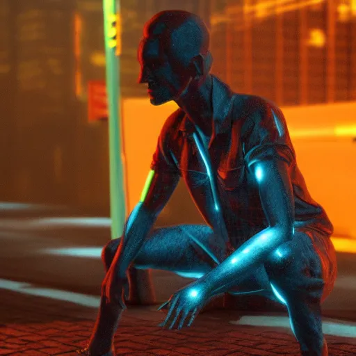 Prompt: a human sculpted out of rain, neon, rendered in octane, unreal engine, highly detailed, realistic, beautiful, emotional