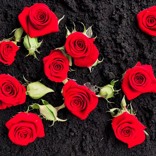 Image similar to red roses, laying in dark tar slime