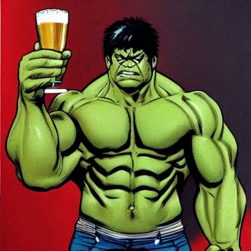 Image similar to Hulk from Marvel Comics drinking beer, realistic, detailed, high quality,