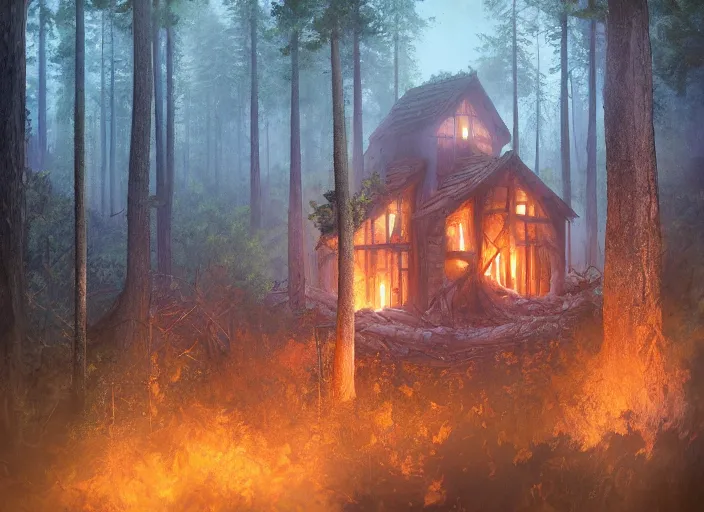 Prompt: a house made of woods explodes, in a mystical forest full of wonders, pine trees, magical atmosphere, trending on artstation, 30mm, by Noah Bradley trending on ArtStation, deviantart, high detail, stylized portrait H 704