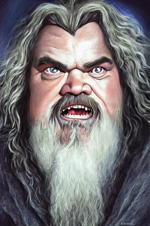 Image similar to A realistic caricature painting of Jack Black as Gandalf in LOTR by Sebastian Krüger