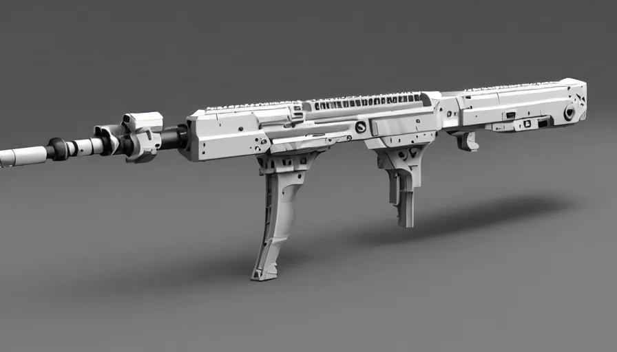 Image similar to extremely detailed realistic side view of a sci fi light machine gun, detailed trigger, chemically propelled, pattery powered, smooth streamline, battery and wires, railgun, tribarrel, gauss, elegant sleek smooth body, white paint, smooth utopian design, ultra high quality, minimalist, octane, cod, destiny, warframe, terminator