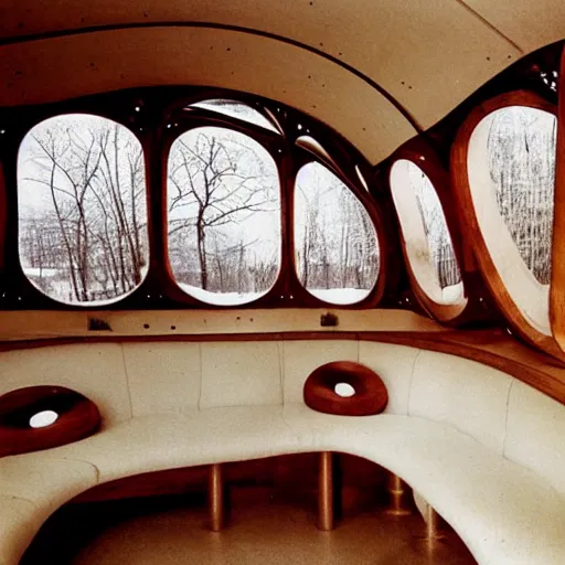 Prompt: the interior of a 1 9 5 0 s space ship carved out of wood, designed by eero saarinen, trees and snow visible through the windows