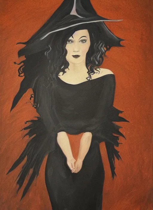 Prompt: a painting of portrait of a smiling wickedly witch with, by night, light from bottom, dark fantasy