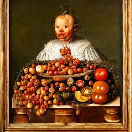 Image similar to a boy sitting in a tub full of tomato sauce, by giuseppe arcimboldo, renaissance, portrait, fruit, detailed oil paint, high definition