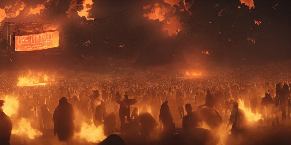 Image similar to realistic cinematic views of a orwellian coachella with fires in the background and dead seagulls falling from the sky in front of the main stage, realistic, cinematic, newspaper, dramatic lighting, depth of field background by victor mosquera, misty, terror glow, unreal engine 5 render, 3 5 mm film grain