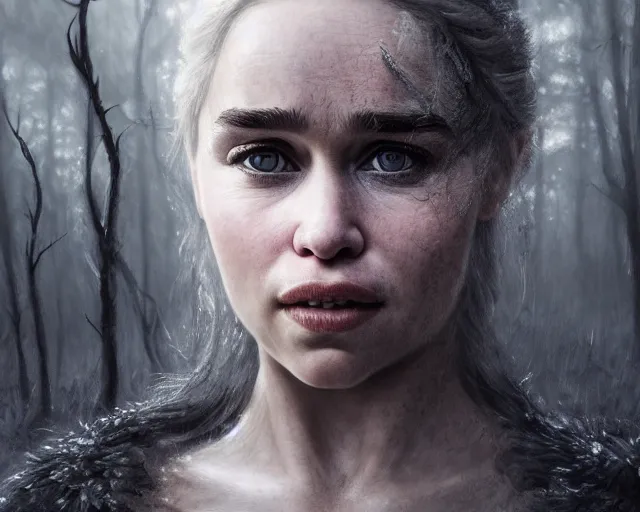 Prompt: 5 5 mm portrait photo of emilia clarke with a long face scar across her left cheek, in a magical forest. dark atmosphere. art by greg rutkowski. highly detailed 8 k. intricate. lifelike. soft light. nikon d 8 5 0.