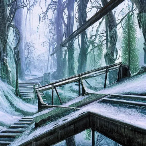 Image similar to stairs leading to a frozen derelict portal in a middle of a snowy lush futuristic forest, green lush world seen only through a portal, daylight, cinematic lighting, blue sky, syd mead, john harris