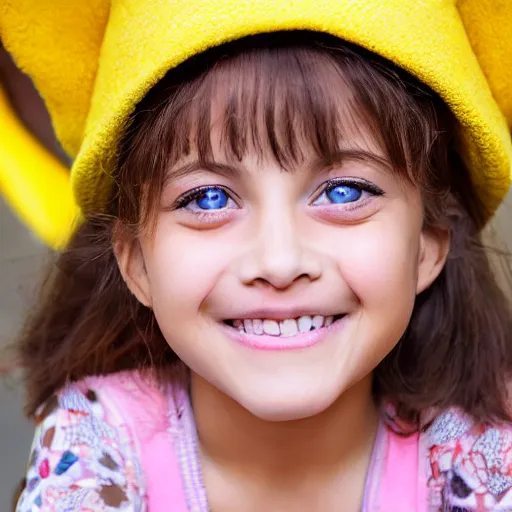 Prompt: a young girl with big eyes smiling for the camera