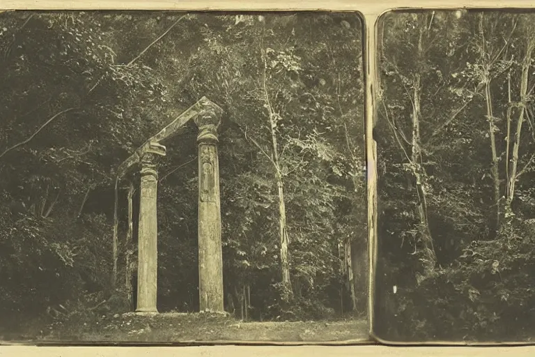 Image similar to daguerreotype depicting a temple of chaos mosque of perfection pantheon of frenzy house of iorr temple of aus the mirror garden the origin realm the true tree