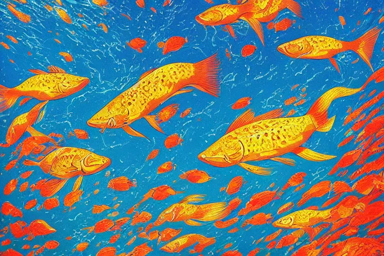 Prompt: portrait of goldfishes swarming the ocean. shadow and light. rays of light. energetic, dynamic, lively, detailed, intricate, complex. fine art by hayao miyazaki, akita toriyama, and makoto shinkai.