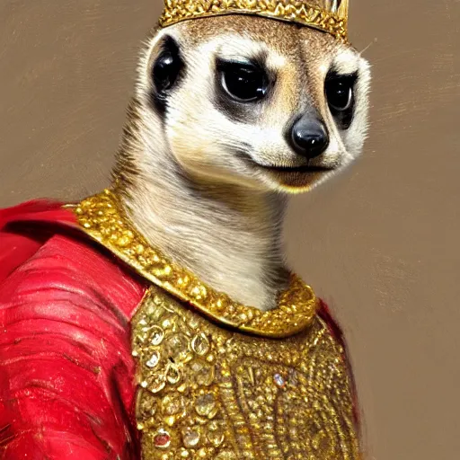 Image similar to detailed photorealistic painting of a meerkat wearing a highly detailed ornamented gold crown with diamonds, in a medieval knight armor with red cape , sharp focus in the style of ruan jia, Mandy jurgens, cinematic light, concept art, trending on artstation, ultra realistic