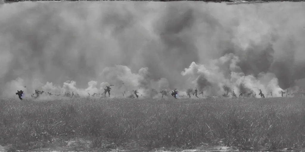 Prompt: large scale battle, human wave tactics, open field, shots fired, explosions, clouds of smoke, fireballs, aerial view, extreme long shot, tintype photograph