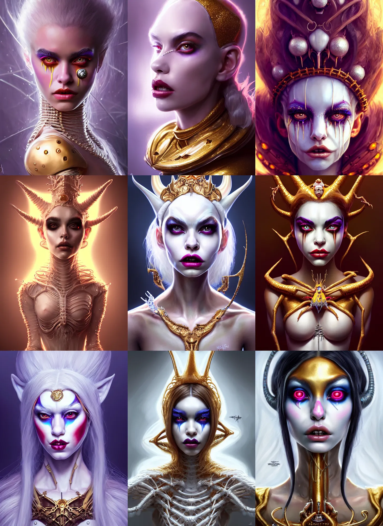 Prompt: bright white clowncore : : disney weta portrait, soft polished nightmare queen devil madison beer cyborg, bling, hi - fructose, sci - fi fantasy intricate decadent highly - detailed digital painting, golden ratio, octane render, artstation, concept art, smooth, sharp focus, illustration, artgerm, mucha, loish, wlop