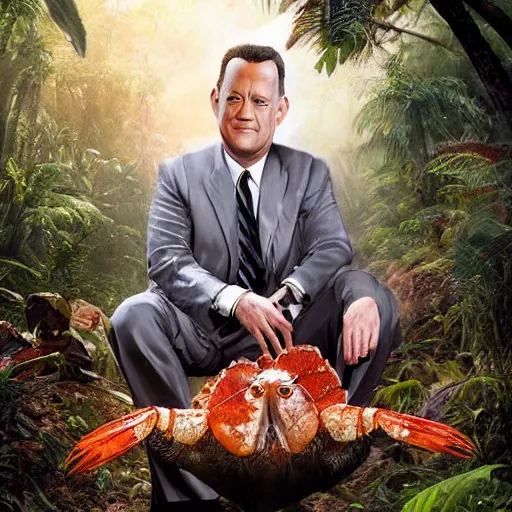 Image similar to Tom Hanks as forrest gump sitting on a giant shrimp in the jungle, realistic digital painting, in the style of Aleksi Briclot, photoreailstic, realistic face, amazing detail, sharp