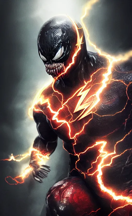 Image similar to full body portrait of venom as the flash, dynamic lighting, cinematic, ultra detailed, trending on art station, stunning visuals, creative, fantasy concept art