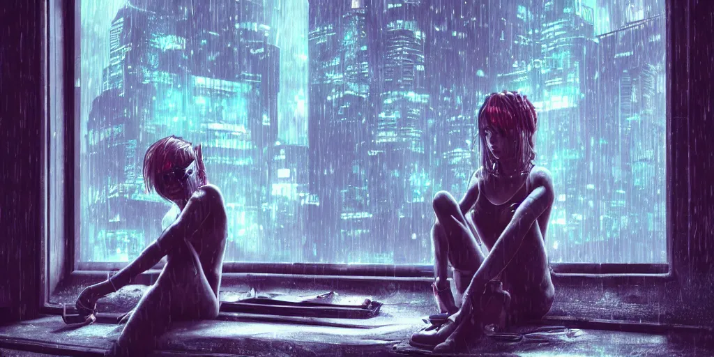 Image similar to sad girl sitting by the window, cyberpunk, accurate features, focus, very intricate ultrafine details, masterpiece, 8 k hd, realistic shaded lighting, detailed render, detailed backgrounds, epic composition, soft neon lights, rain