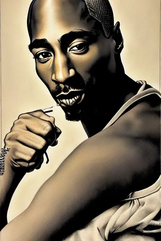 Image similar to tupac shakur portrait by gil elvgren and norman rockwell and rob gonsalves and hajime sorayama, hyperrealistic, high detail, ultra detailed, highly detailed face, ruffled fabric