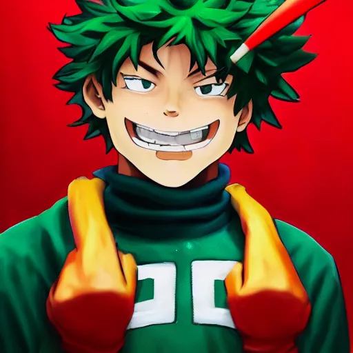 Image similar to an oil painting of a izuku midoriya wearing a hip - hop rap christmas hat, by artgerm, hd, hdr, ue 5, ue 6, unreal engine 5, realistic anime 3 d style, cinematic 4 k wallpaper, 8 k, ultra detailed, gta cover art, high resolution, artstation, award winning