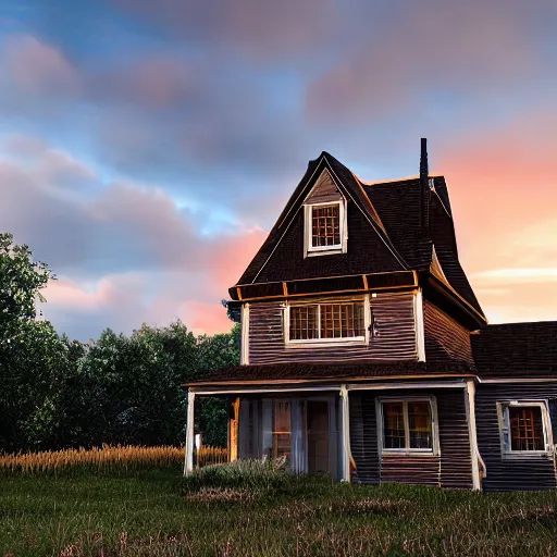 Image similar to clue houses, vaponpunk, sunset, 8k, soft light, ray tracing, wet ground