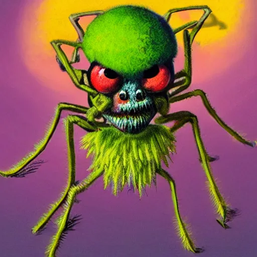 Image similar to a tennis ball monsters, spider, colorful, amazon jungle, chalk, digital art, fantasy, magic, trending on artstation, ultra detailed, professional illustration by basil gogos