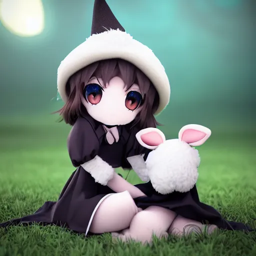 Prompt: cute fumo plush of a sheep girl with horns, anime girl, witch, artstation, vray