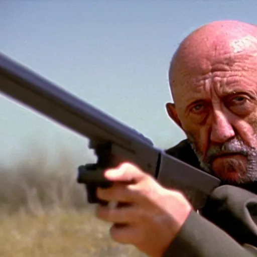 Image similar to Film still of Mike Ehrmantraut aiming a !!!sniper rifle!!!, 4k, !!highly detailed!!